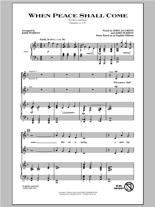 John Purifoy When Peace Shall Come sheet music notes and chords arranged for SSA Choir