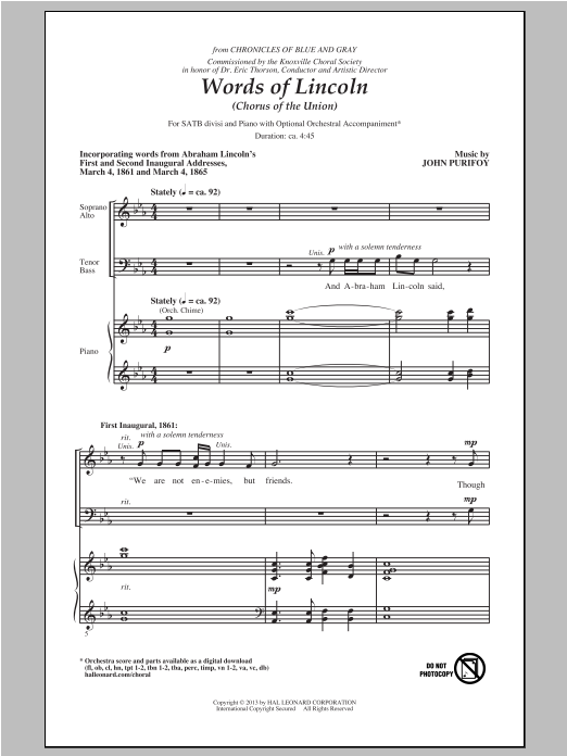 Learn to play John Purifoy Words Of Lincoln (Chorus of the Union) sheet music for SATB Choir in minutes. Price: 3.9900$ John Purifoy Words Of Lincoln (Chorus of the Union) sheet music notes and chords arranged for SATB Choir