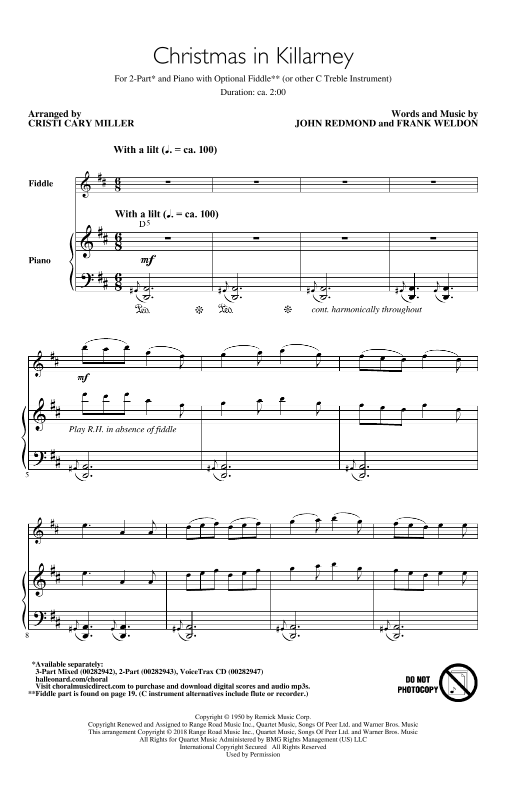 John Redmond & Frank Weldon Christmas In Killarney (arr. Cristi Cary Miller) sheet music notes and chords. Download Printable PDF.