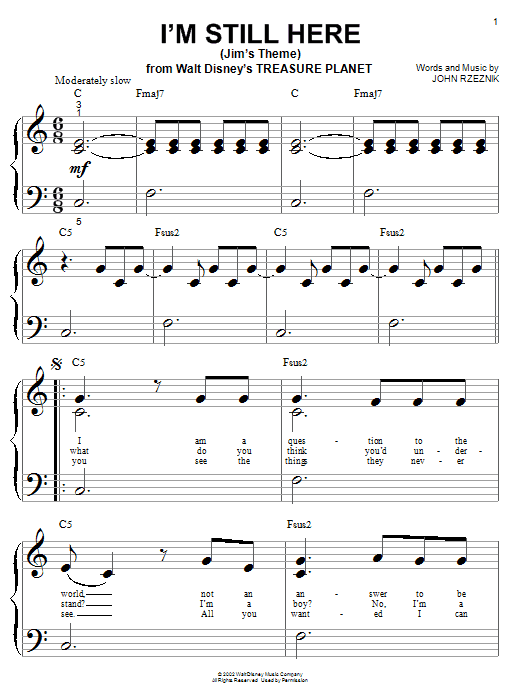 John Rzeznik I'm Still Here (Jim's Theme) (from Treasure Planet) sheet music notes and chords. Download Printable PDF.