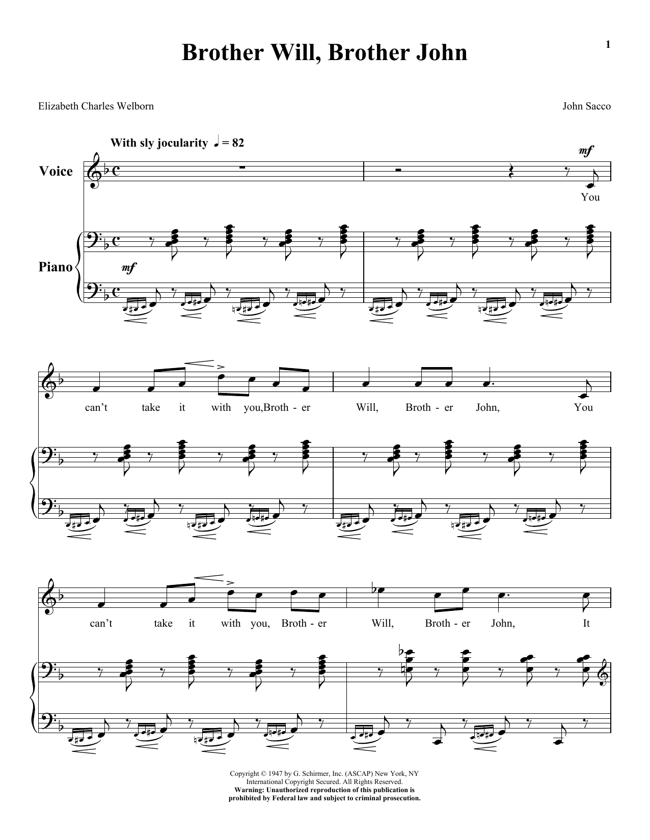 John Sacco Brother Will, Brother John sheet music notes and chords. Download Printable PDF.