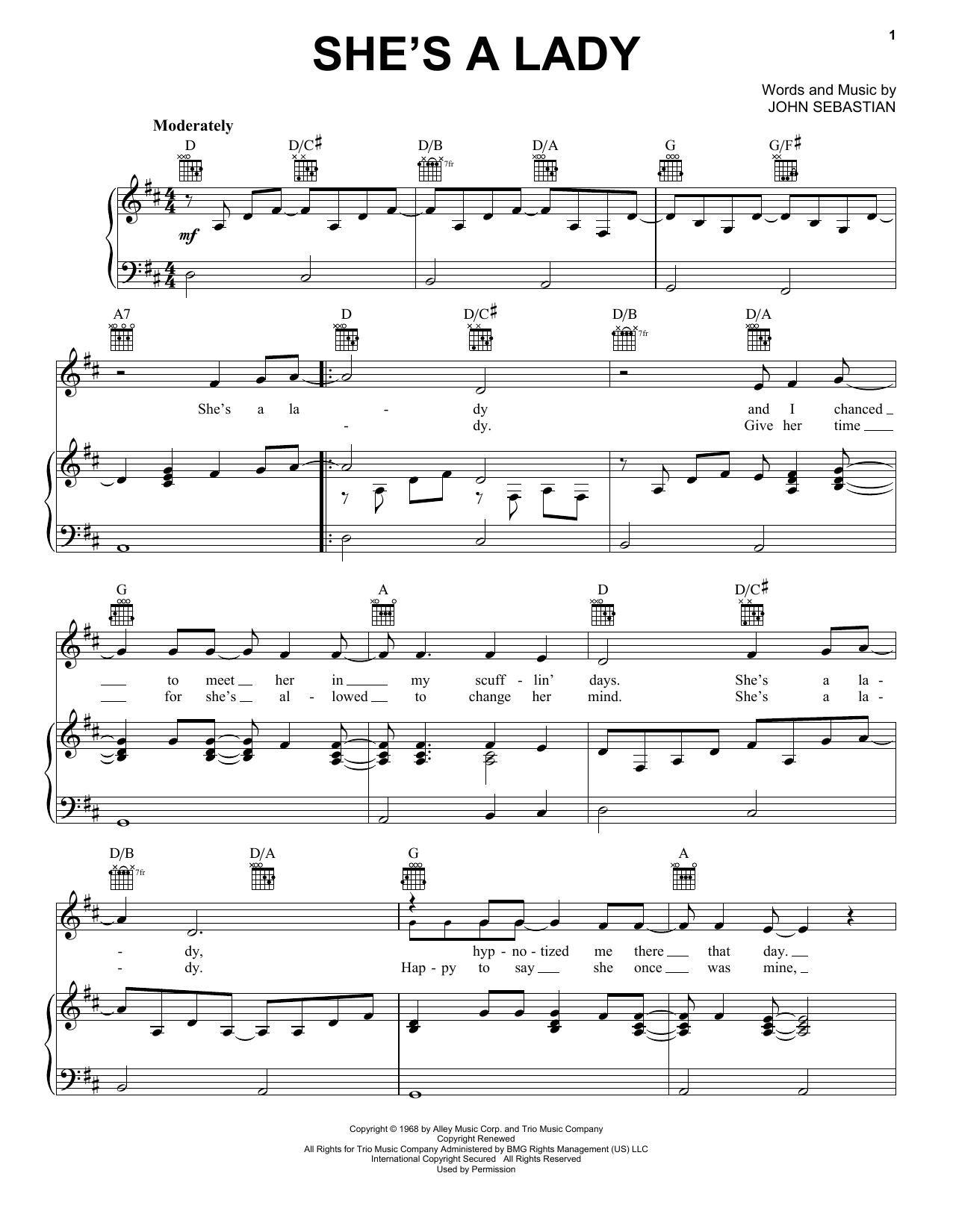 Learn to play Lovin' Spoonful She's A Lady sheet music for Piano, Vocal & Guitar Chords (Right-Hand Melody) in minutes. Price: 7.8900$ Lovin' Spoonful She's A Lady sheet music notes and chords arranged for Piano, Vocal & Guitar Chords (Right-Hand Melody)
