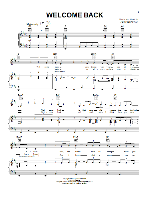 John Sebastian Welcome Back sheet music notes and chords. Download Printable PDF.