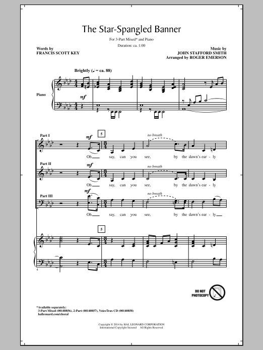 Roger Emerson The Star Spangled Banner sheet music notes and chords arranged for 3-Part Mixed Choir