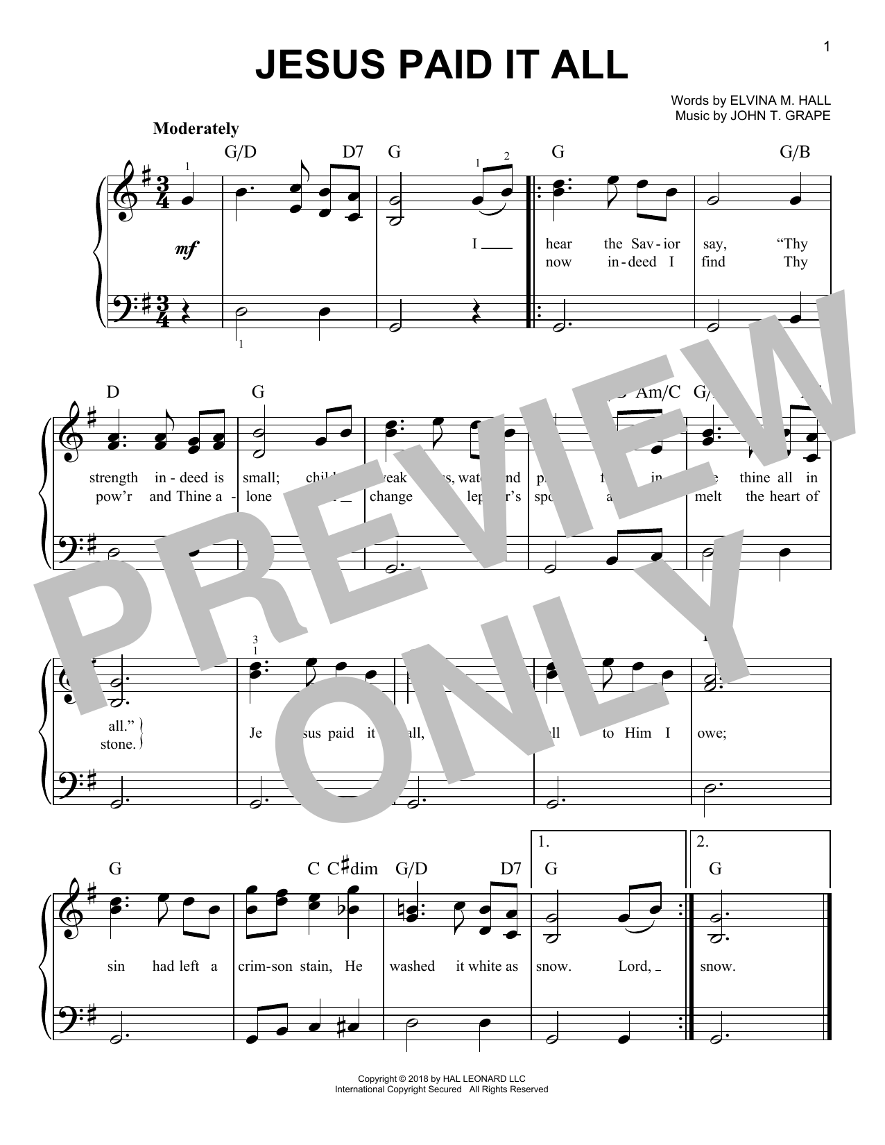 John T. Grape Jesus Paid It All sheet music notes and chords arranged for Piano Solo