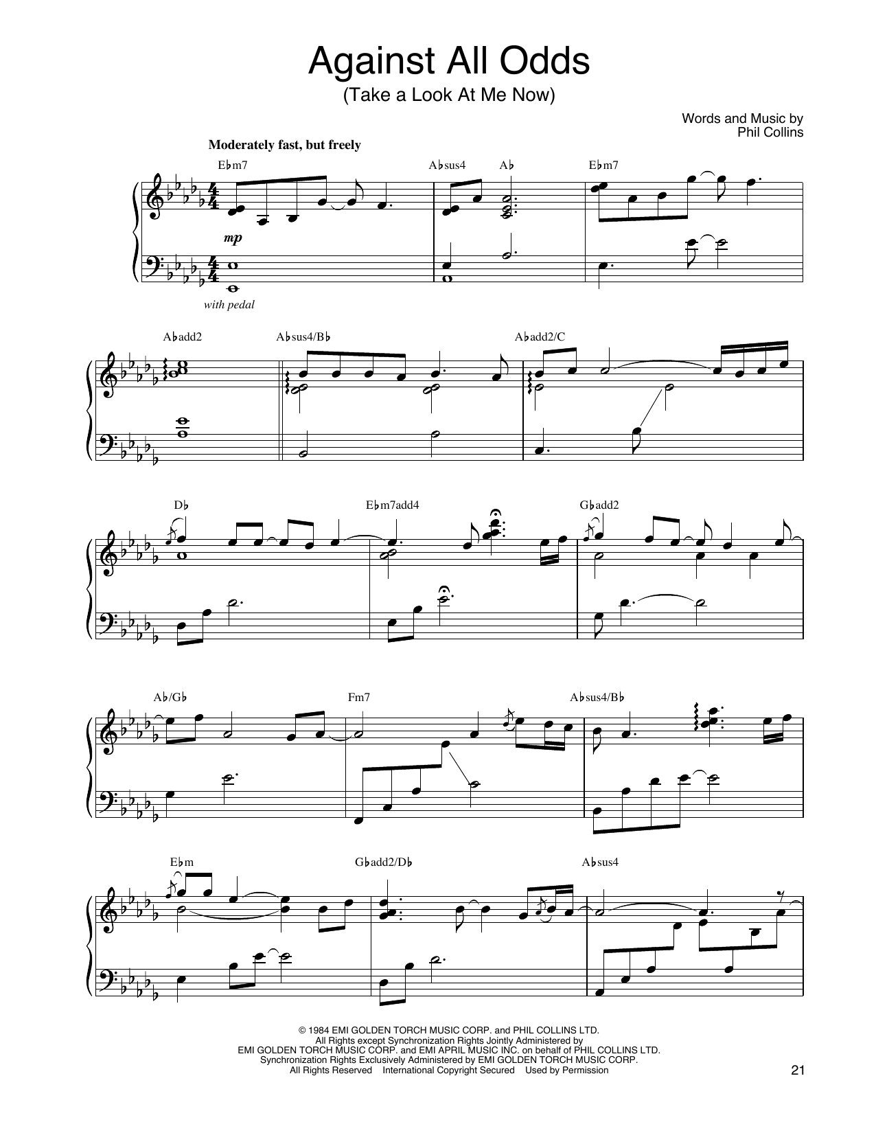 John Tesh Against All Odds (Take A Look At Me Now) sheet music notes and chords. Download Printable PDF.