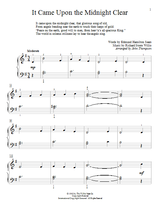 Learn to play John Thompson It Came Upon The Midnight Clear sheet music for Educational Piano in minutes. Price: 6.9900$ John Thompson It Came Upon The Midnight Clear sheet music notes and chords arranged for Educational Piano