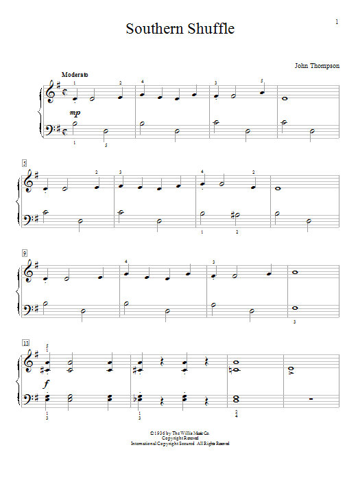 Learn to play John Thompson Southern Shuffle sheet music for Educational Piano in minutes. Price: 6.9900$ John Thompson Southern Shuffle sheet music notes and chords arranged for Educational Piano