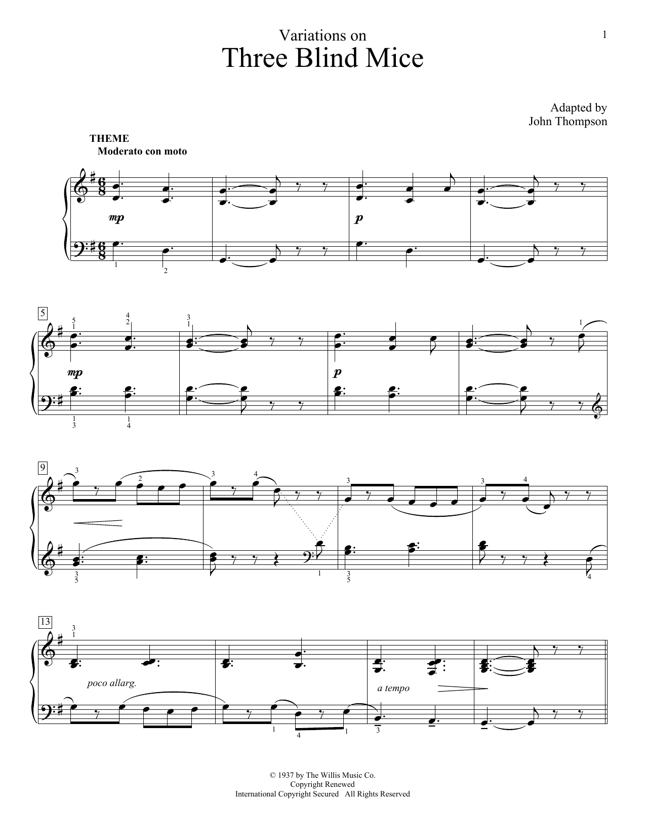 John Thompson Variations On Three Blind Mice sheet music notes and chords. Download Printable PDF.