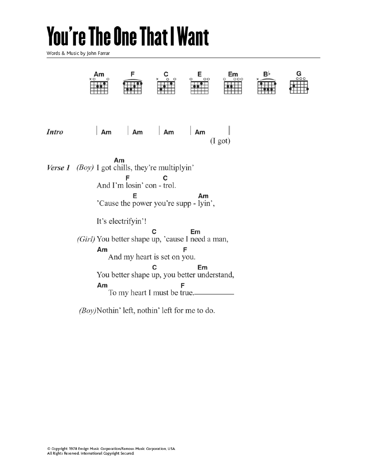 John Travolta You're The One That I Want (from Grease) sheet music notes and chords. Download Printable PDF.