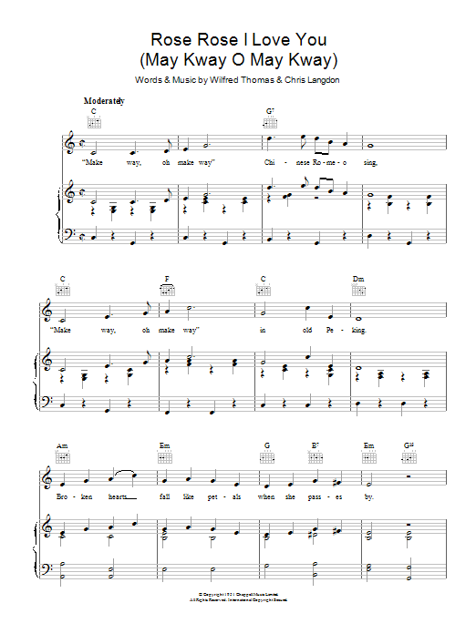Learn to play Petula Clark Rose Rose I Love You (May Kway O May Kway) sheet music for Piano, Vocal & Guitar Chords in minutes. Price: 7.8900$ Petula Clark Rose Rose I Love You (May Kway O May Kway) sheet music notes and chords arranged for Piano, Vocal & Guitar Chords