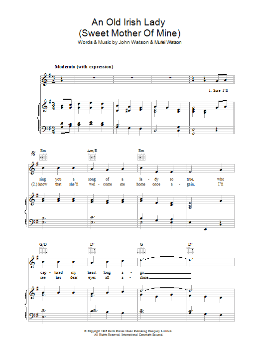 Learn to play John Watson An Old Irish Lady (Sweet Mother Of Mine) sheet music for Piano, Vocal & Guitar Chords in minutes. Price: 7.8900$ John Watson An Old Irish Lady (Sweet Mother Of Mine) sheet music notes and chords arranged for Piano, Vocal & Guitar Chords