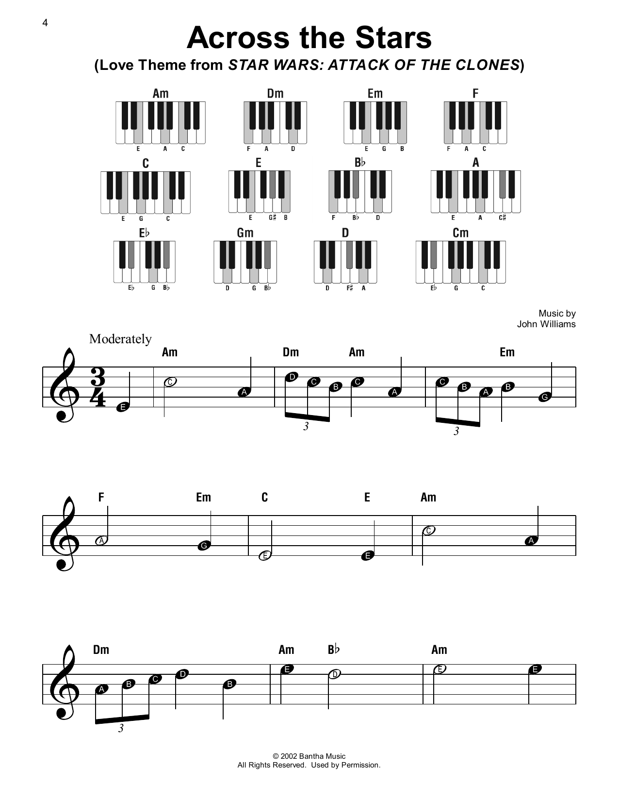 John Williams Across The Stars (Love Theme from Star Wars: Attack Of The Clones) sheet music notes and chords. Download Printable PDF.