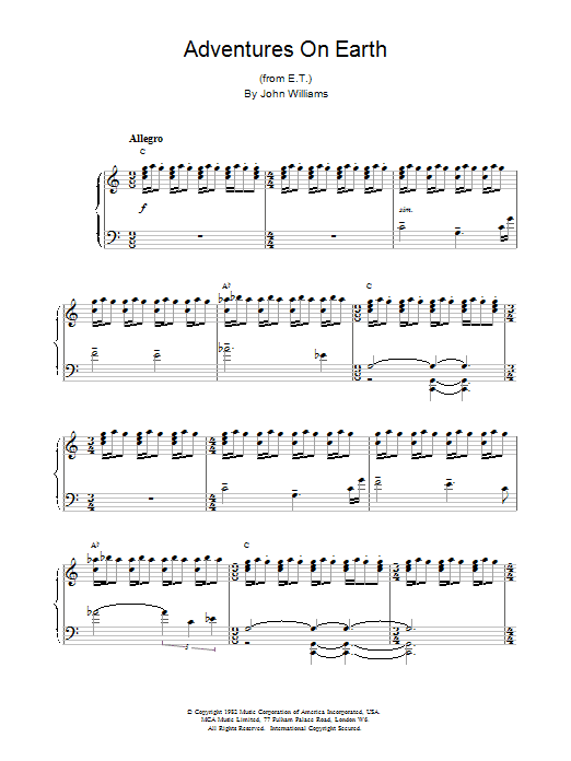 John Williams Adventures On Earth (from E.T. The Extra-Terrestrial) sheet music notes and chords arranged for Piano Solo