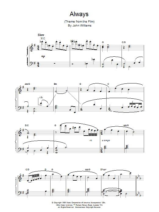 John Williams Always sheet music notes and chords arranged for Piano Solo