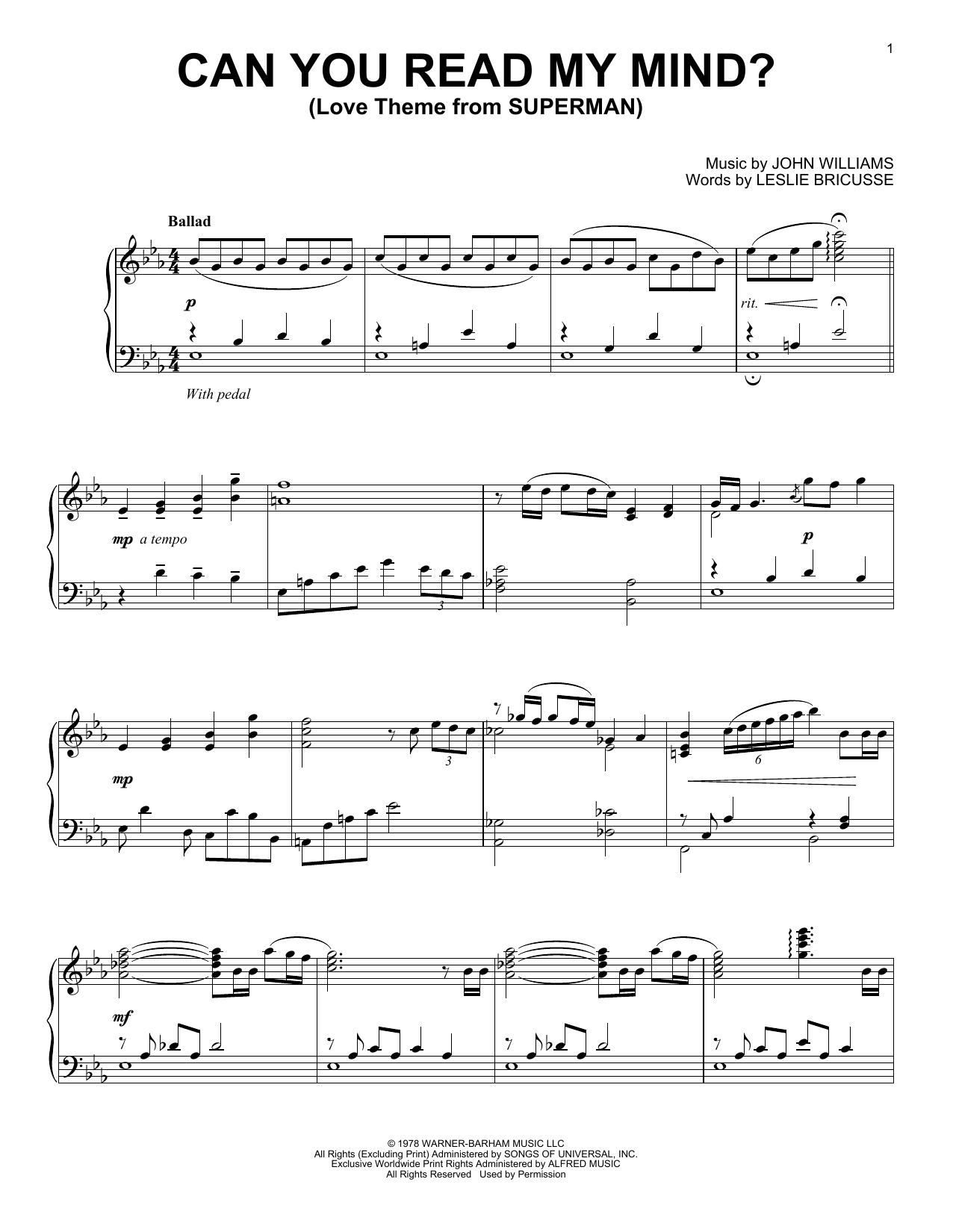 John Williams Can You Read My Mind? (Love Theme from SUPERMAN) sheet music notes and chords. Download Printable PDF.