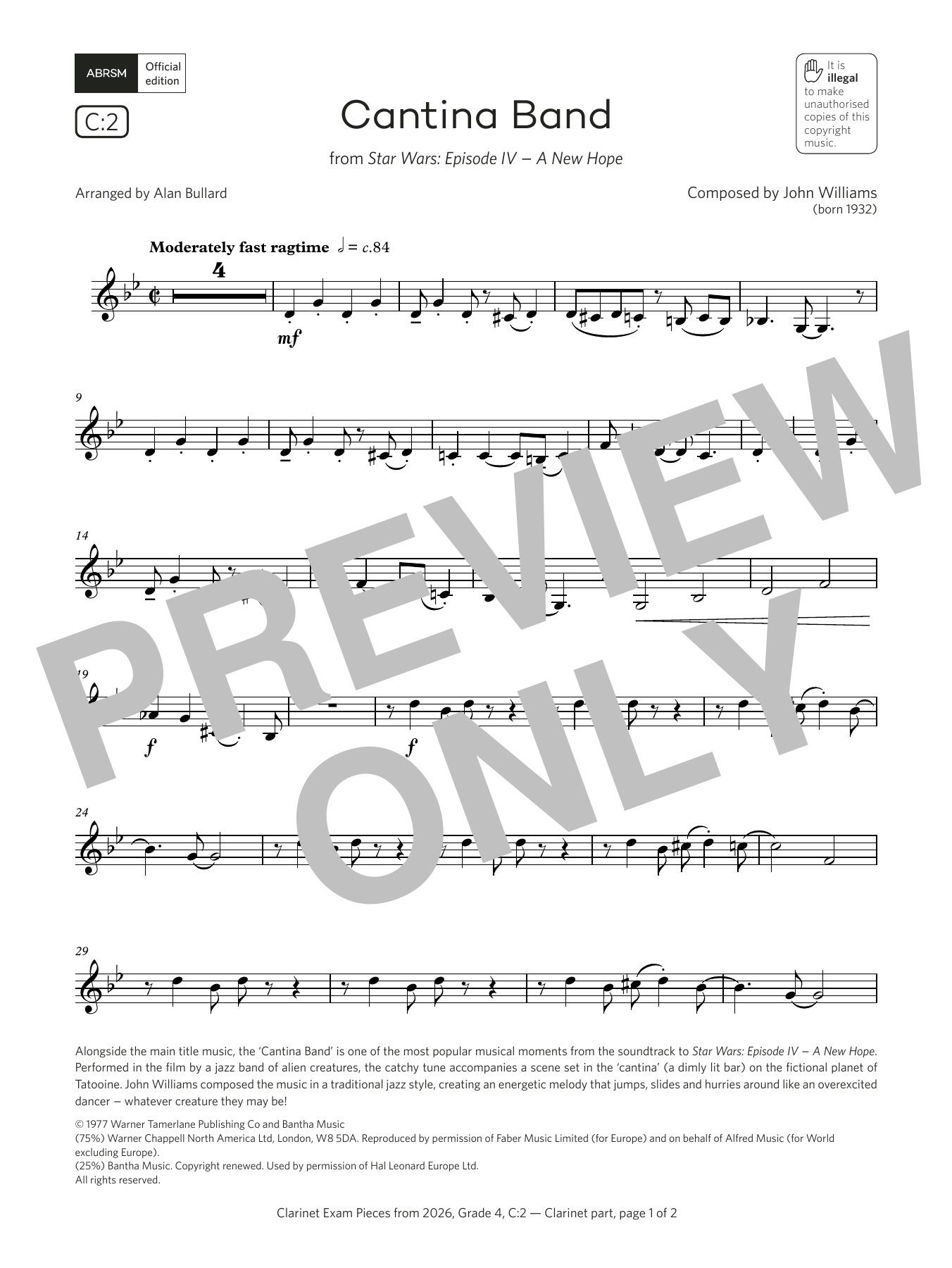 Learn to play John Williams Cantina Band (Grade 4, list C2, from the ABRSM Clarinet Syllabus from 2026) sheet music for Clarinet Solo in minutes. Price: 5.9900$ John Williams Cantina Band (Grade 4, list C2, from the ABRSM Clarinet Syllabus from 2026) sheet music notes and chords arranged for Clarinet Solo