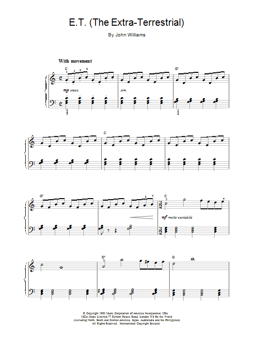 John Williams E.T. The Extra-Terrestrial sheet music notes and chords arranged for Piano Solo
