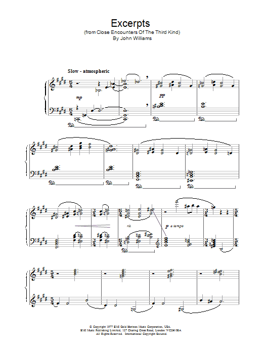 John Williams Excerpts (from Close Encounters Of The Third Kind) sheet music notes and chords arranged for Piano Solo