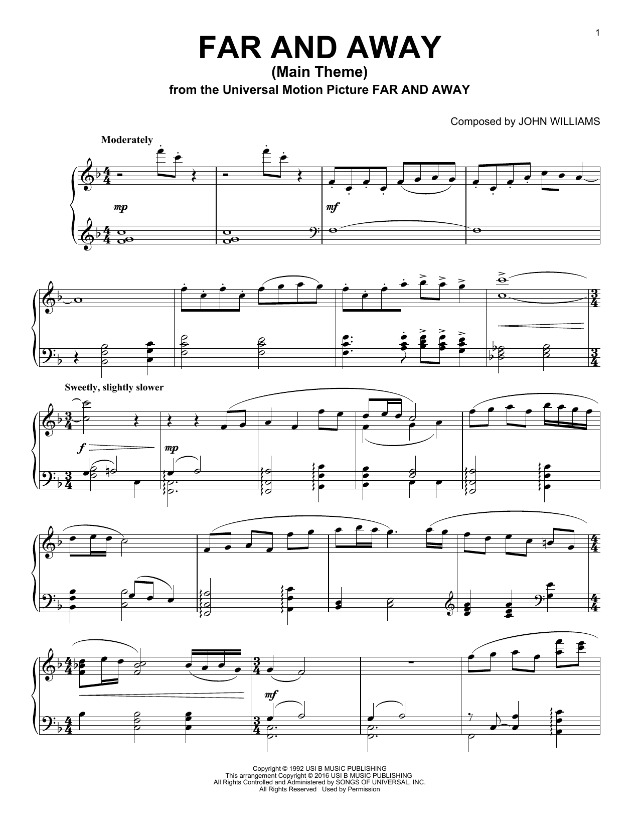 John Williams Far And Away (Main Theme) sheet music notes and chords arranged for Piano Solo