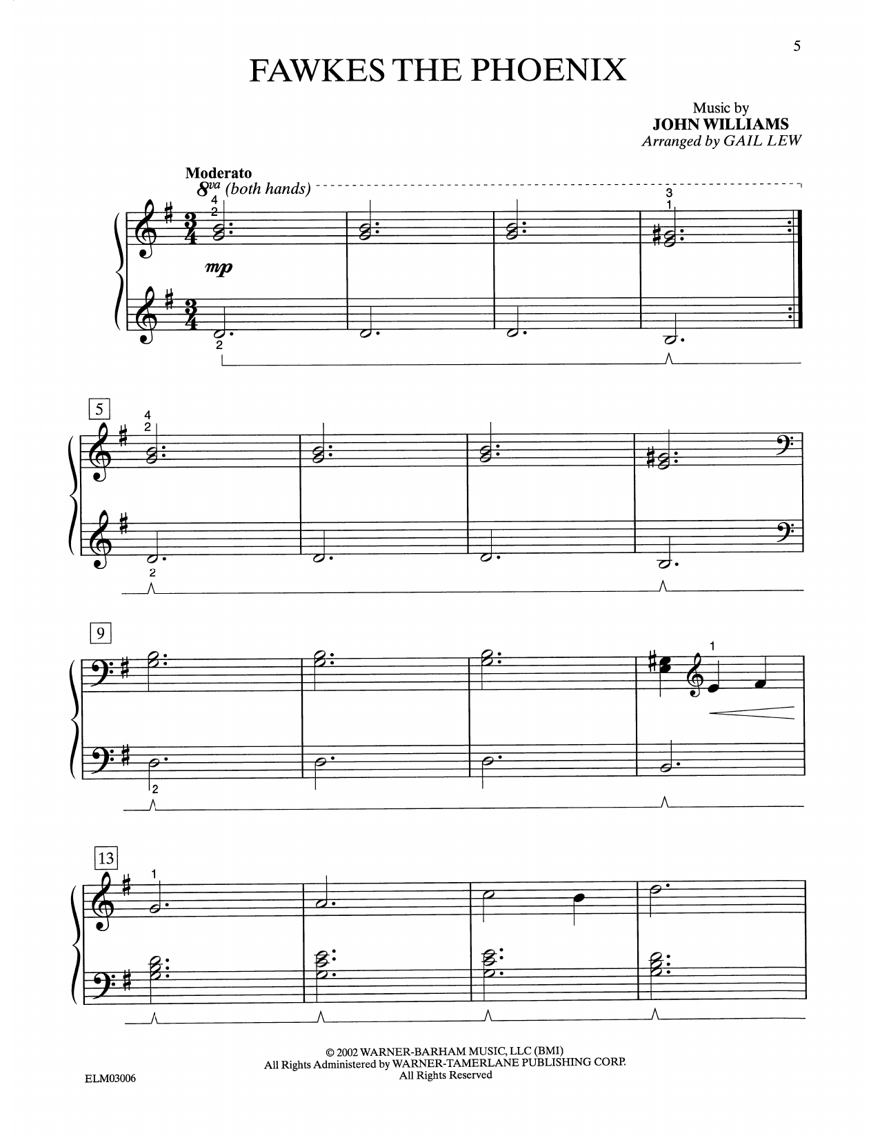 John Williams Fawkes The Phoenix (from Harry Potter) (arr. Gail Lew) sheet music notes and chords. Download Printable PDF.