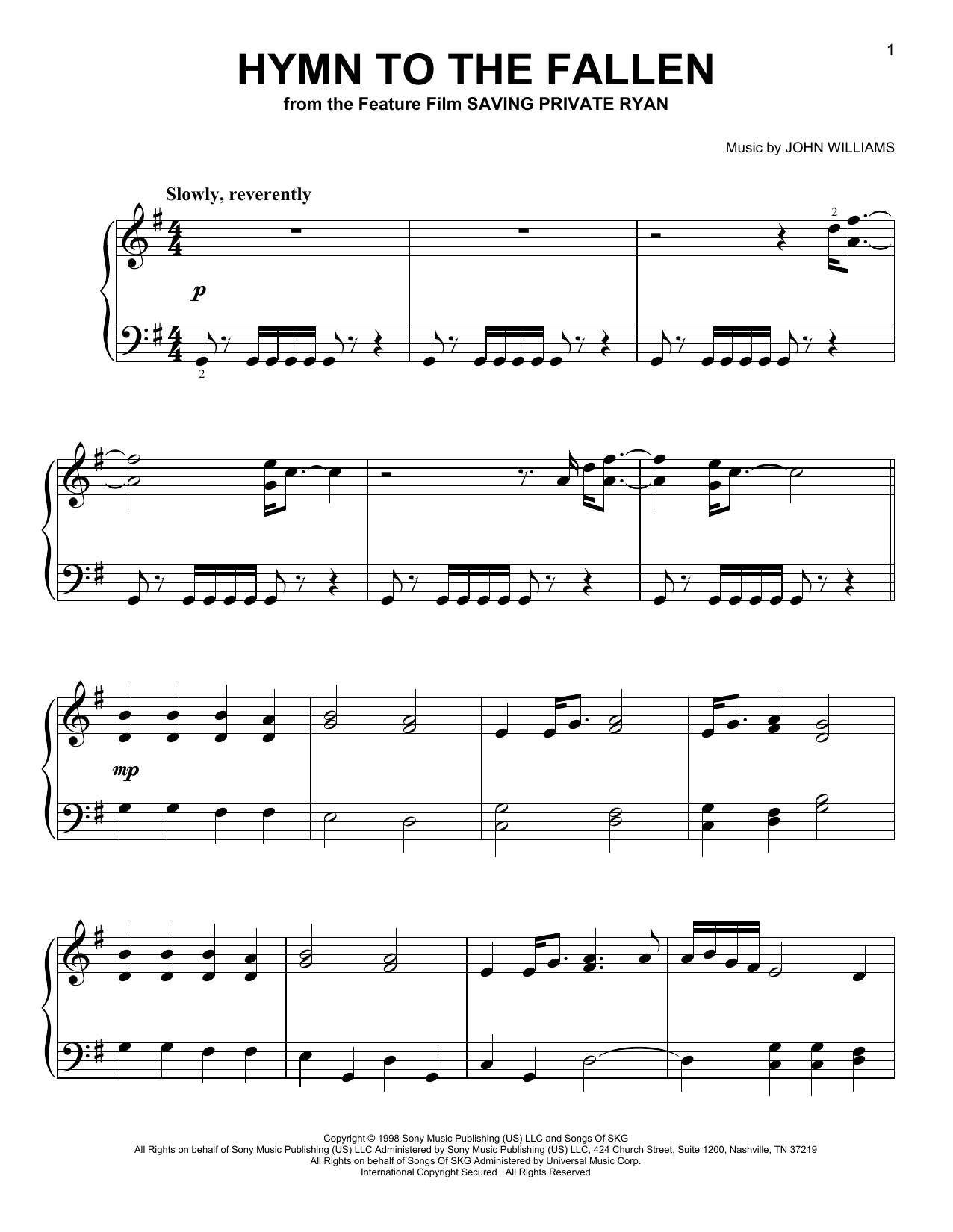 John Williams Hymn To The Fallen (from Saving Private Ryan) sheet music notes and chords. Download Printable PDF.