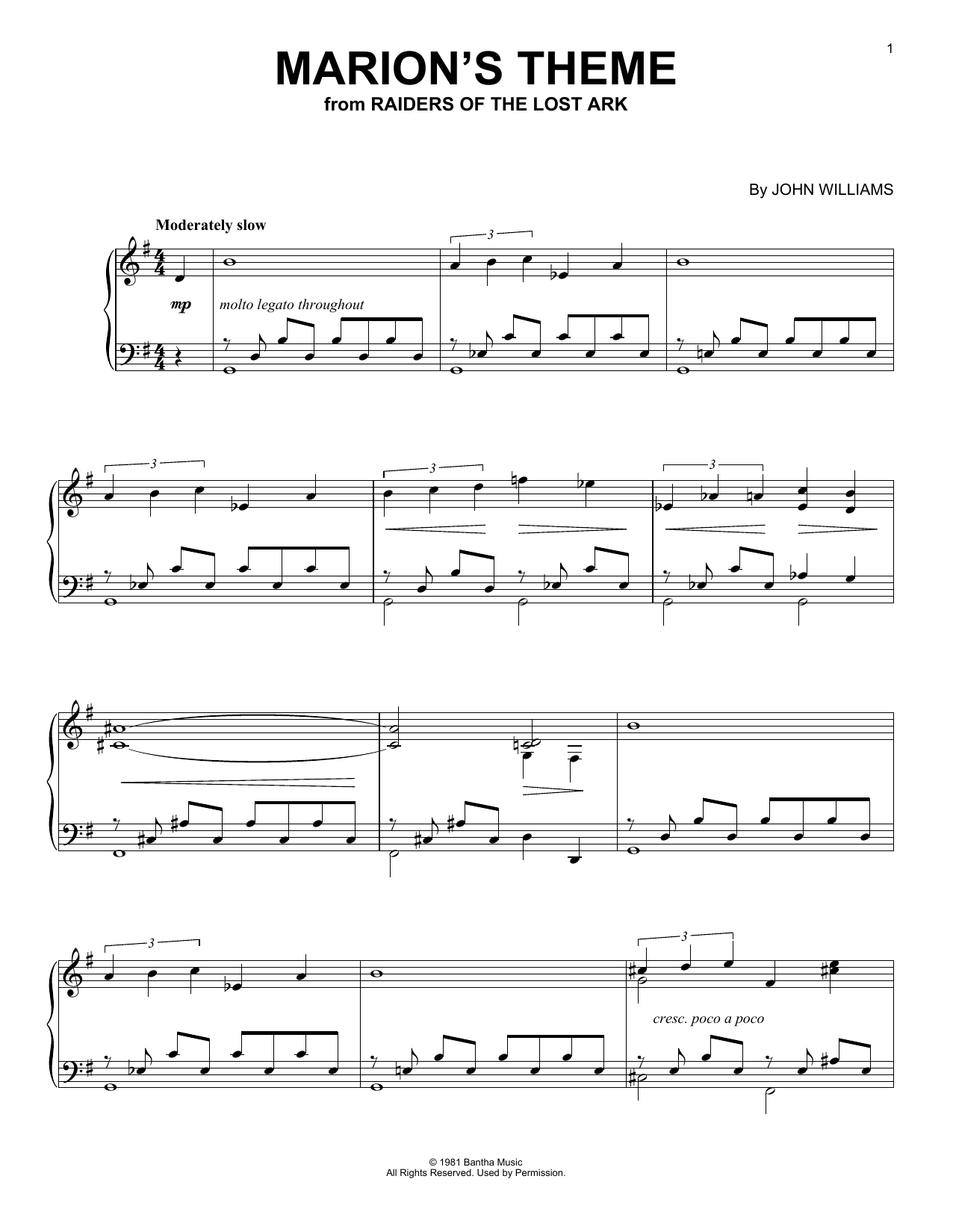 John Williams Marion's Theme (from Raiders Of The Lost Ark) sheet music notes and chords. Download Printable PDF.