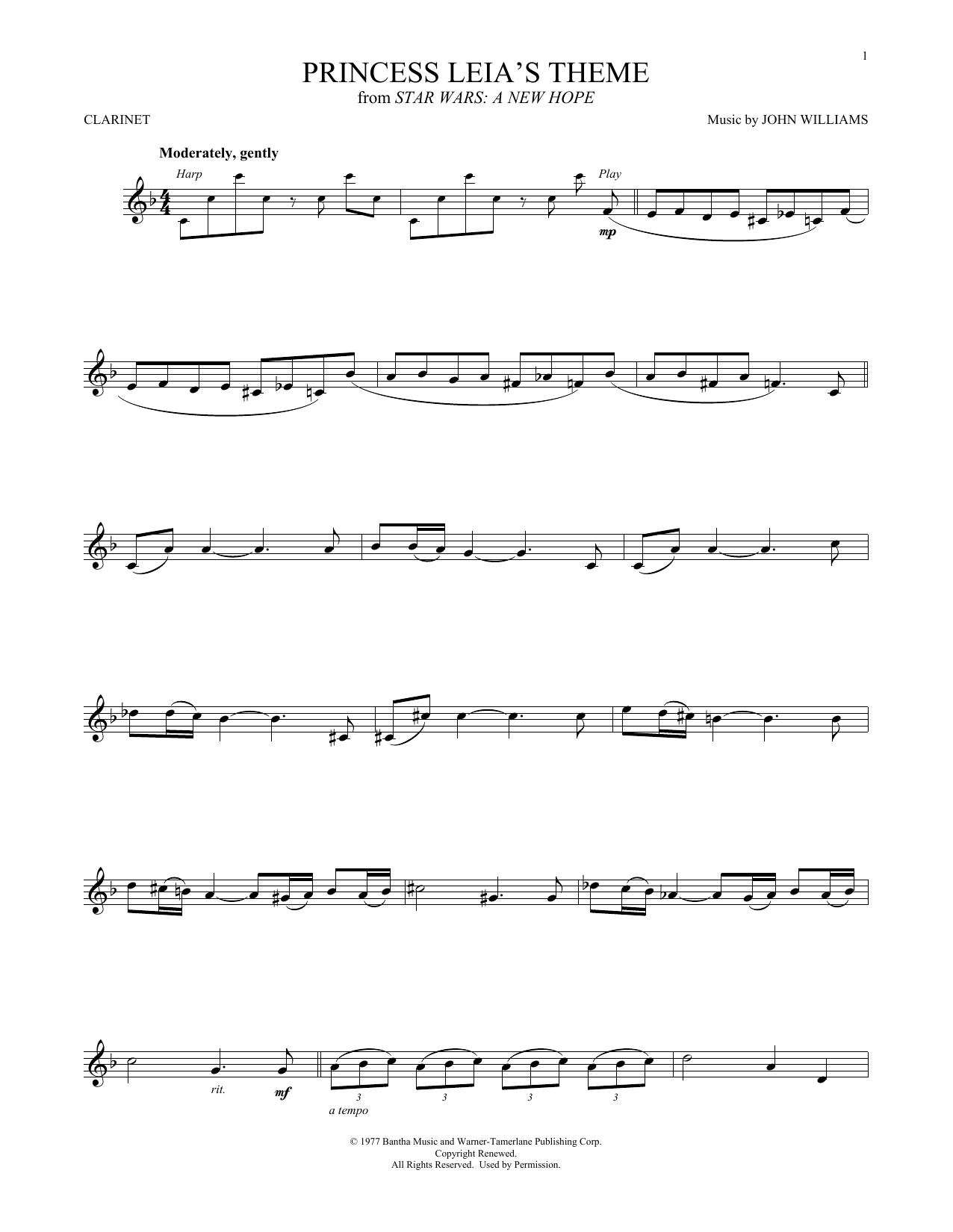 John Williams Princess Leia's Theme (from Star Wars: A New Hope) sheet music notes and chords. Download Printable PDF.