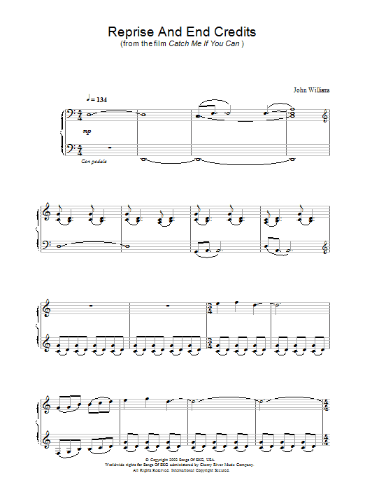 John Williams Reprise And End Credits (from Catch Me If You Can) sheet music notes and chords arranged for Piano Solo