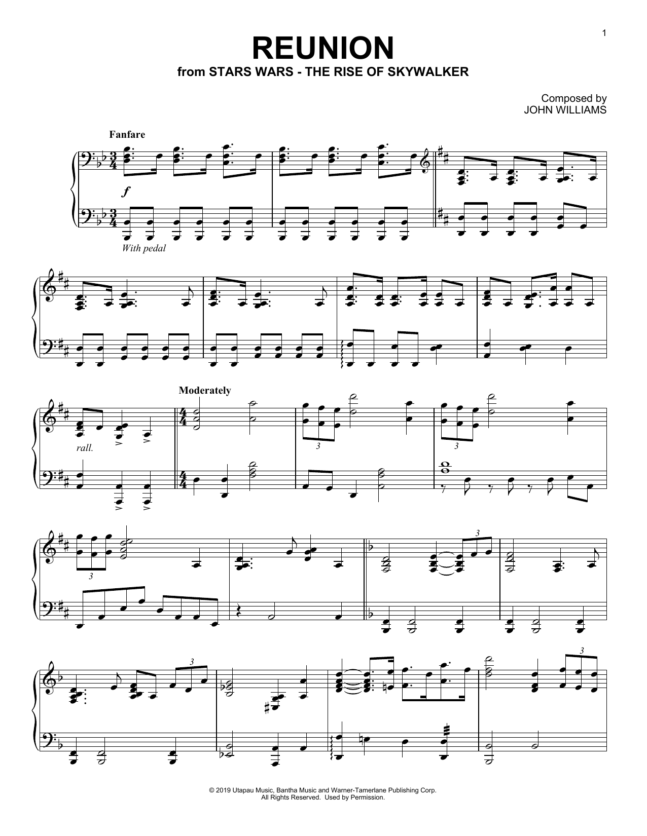 John Williams Reunion (from The Rise Of Skywalker) sheet music notes and chords arranged for Piano Solo