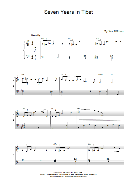John Williams Seven Years in Tibet sheet music notes and chords arranged for Piano Solo