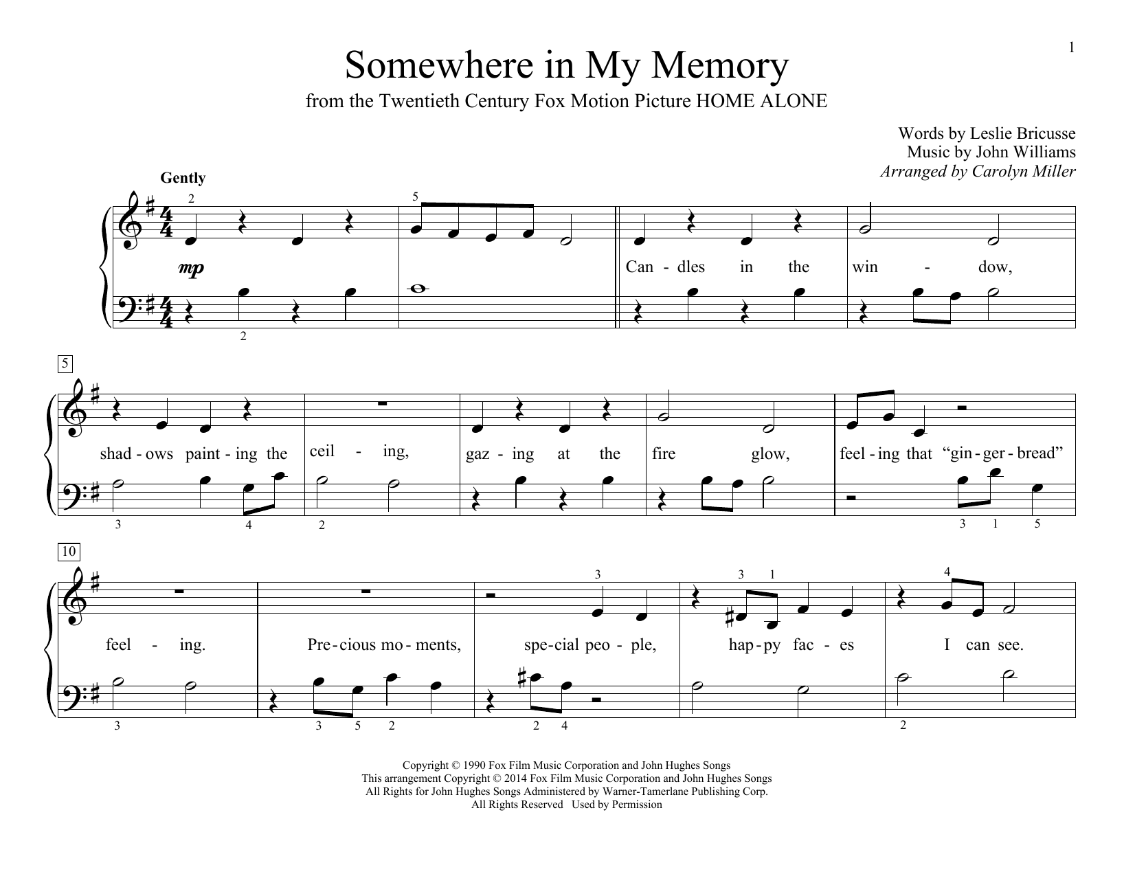 John Williams Somewhere In My Memory (arr. Carolyn Miller) sheet music notes and chords. Download Printable PDF.