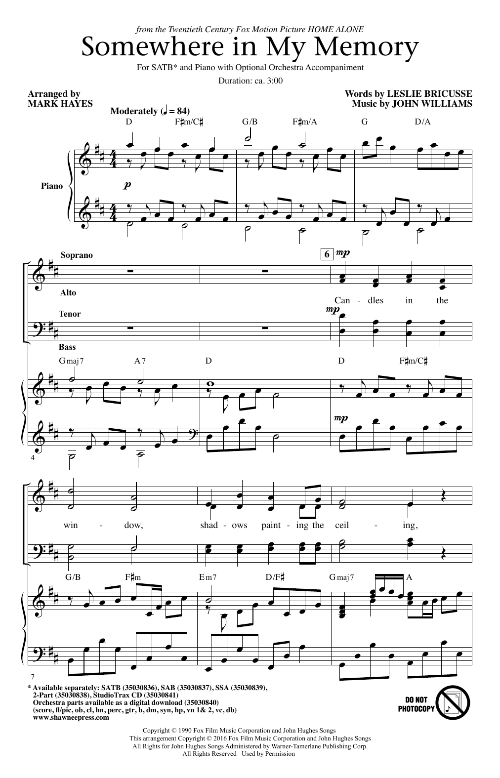 John Williams Somewhere In My Memory (Arr. Mark Hayes) sheet music notes and chords. Download Printable PDF.