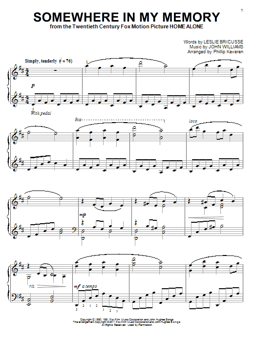 John Williams Somewhere In My Memory (arr. Phillip Keveren) sheet music notes and chords. Download Printable PDF.