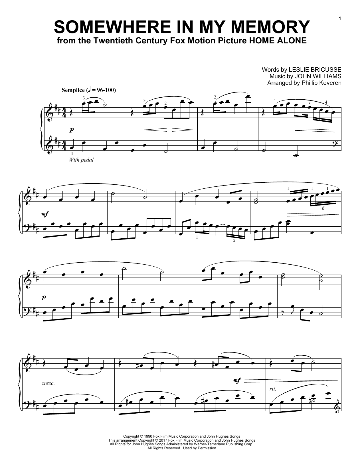 John Williams Somewhere In My Memory [Classical version] (arr. Phillip Keveren) sheet music notes and chords. Download Printable PDF.