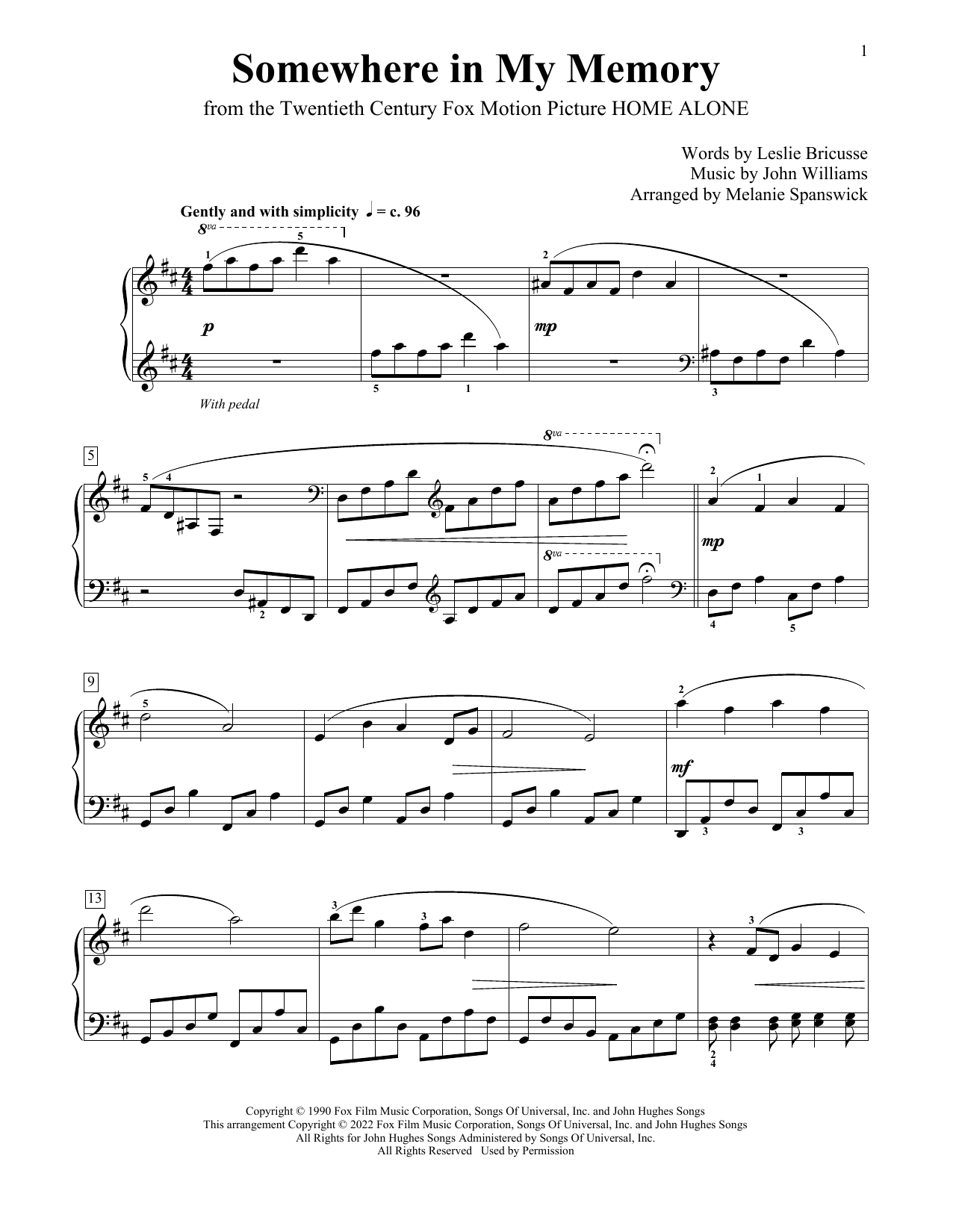 John Williams Somewhere In My Memory (from Home Alone) (arr. Melanie Spanswick) sheet music notes and chords. Download Printable PDF.