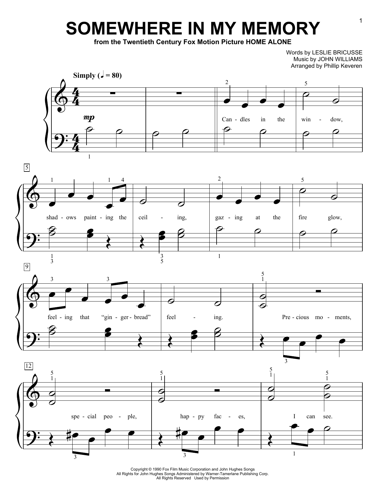 John Williams Somewhere In My Memory (from Home Alone) (arr. Phillip Keveren) sheet music notes and chords. Download Printable PDF.