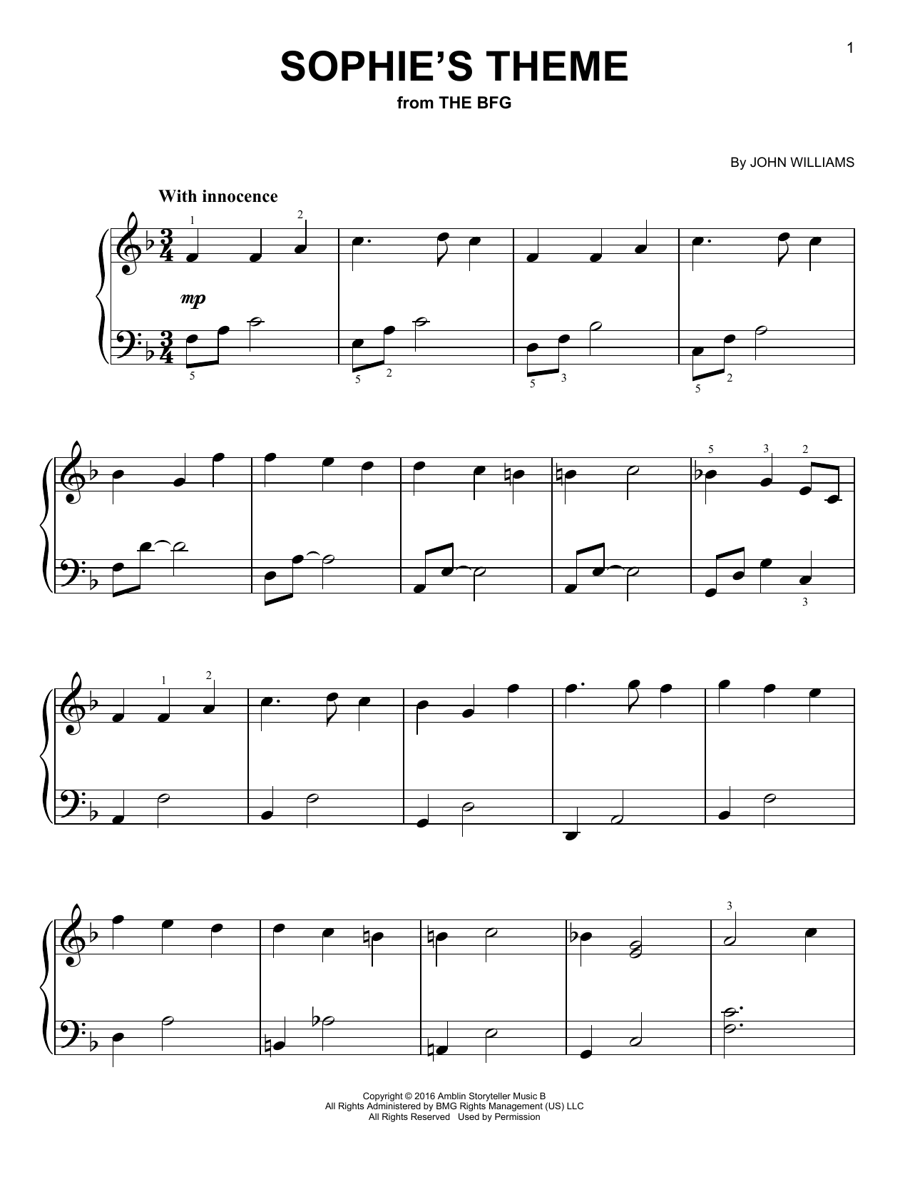 John Williams Sophie's Theme (from The BFG) sheet music notes and chords. Download Printable PDF.