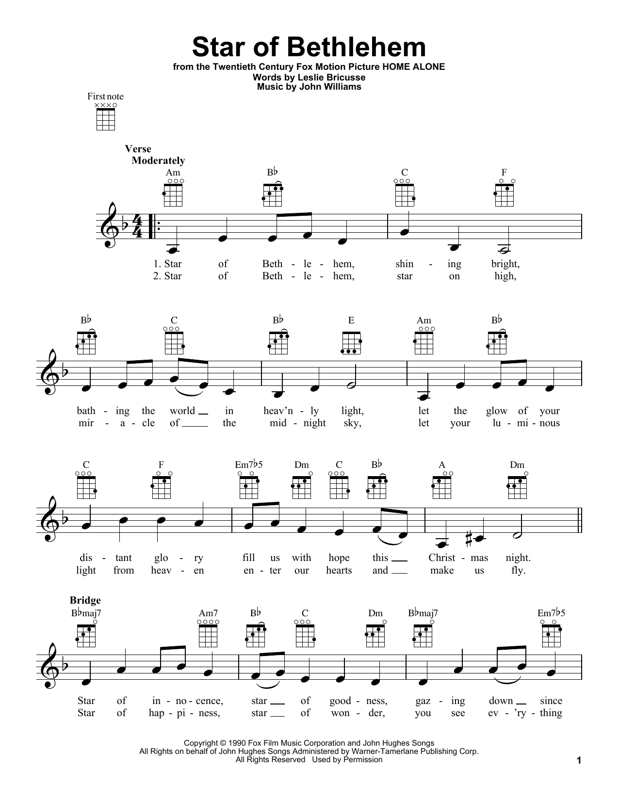 Learn to play John Williams Star Of Bethlehem sheet music for Ukulele in minutes. Price: 5.9900$ John Williams Star Of Bethlehem sheet music notes and chords arranged for Ukulele