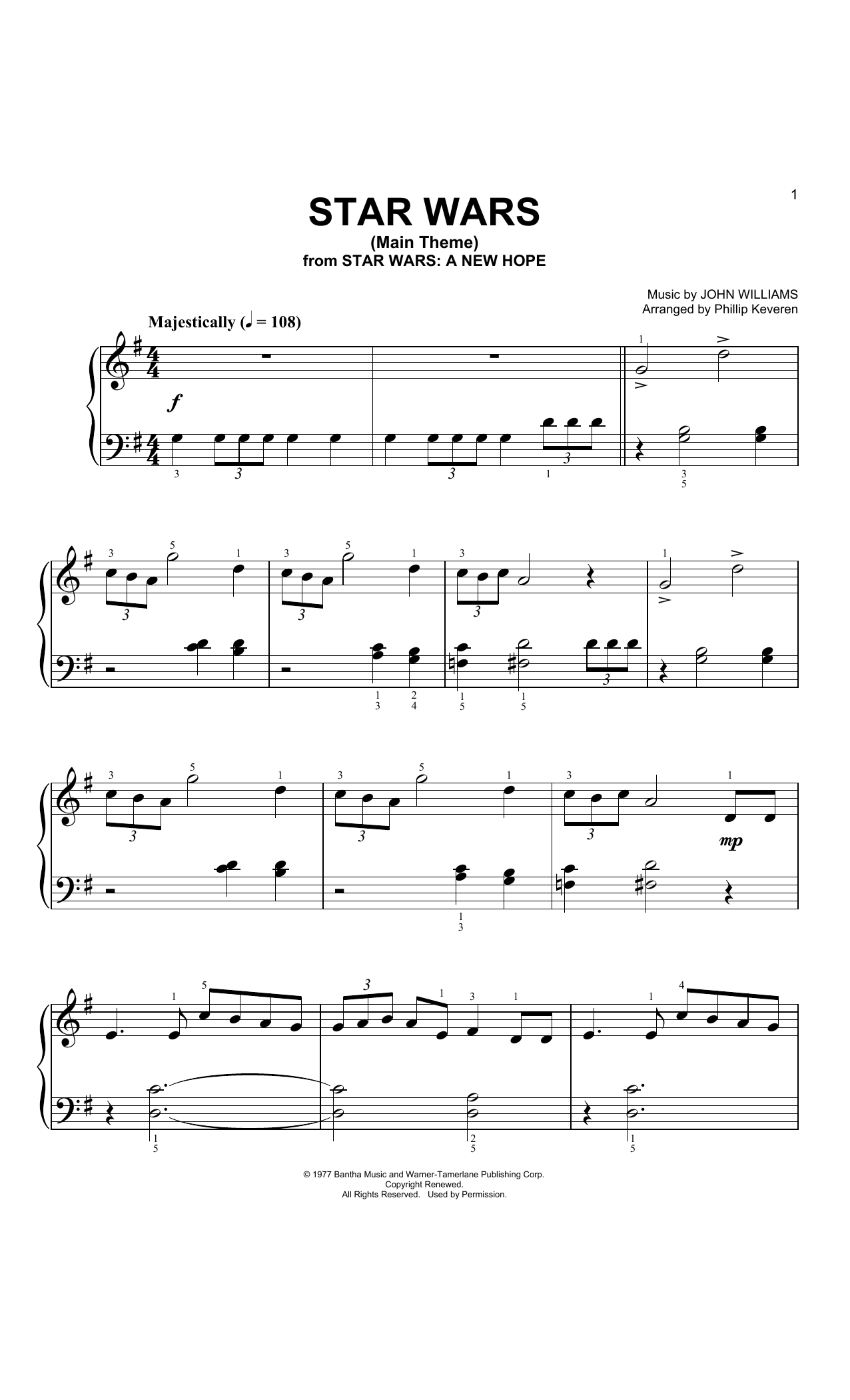 John Williams Star Wars Main Theme (Arr. Phillip Keveren) sheet music notes and chords. Download Printable PDF.