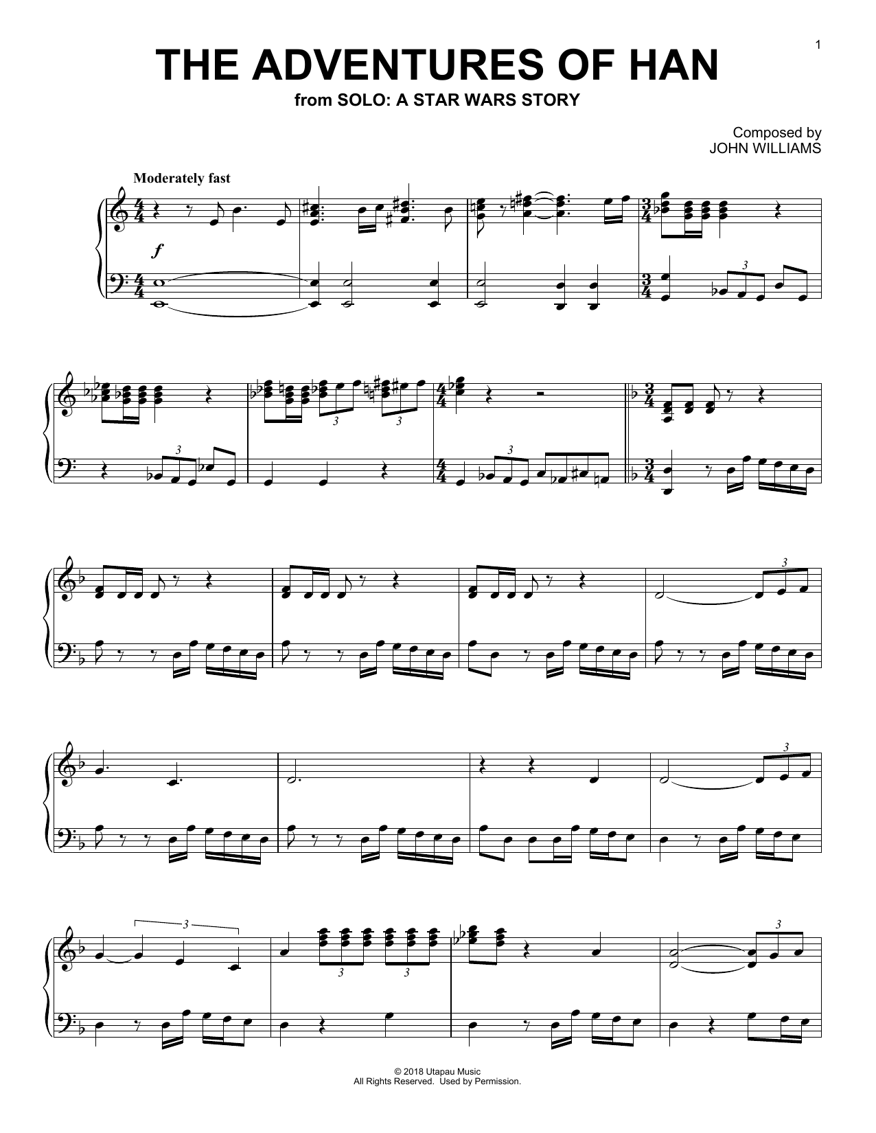 John Williams The Adventures Of Han (from Solo: A Star Wars Story) sheet music notes and chords arranged for Piano Solo