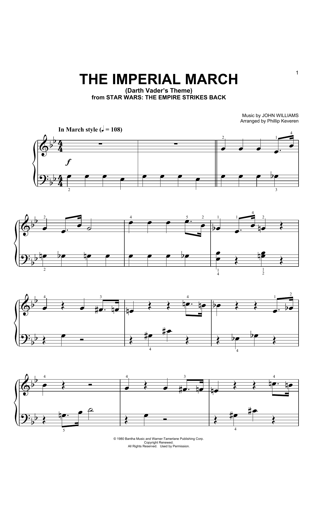 John Williams The Imperial March (Arr. Phillip Keveren) sheet music notes and chords. Download Printable PDF.