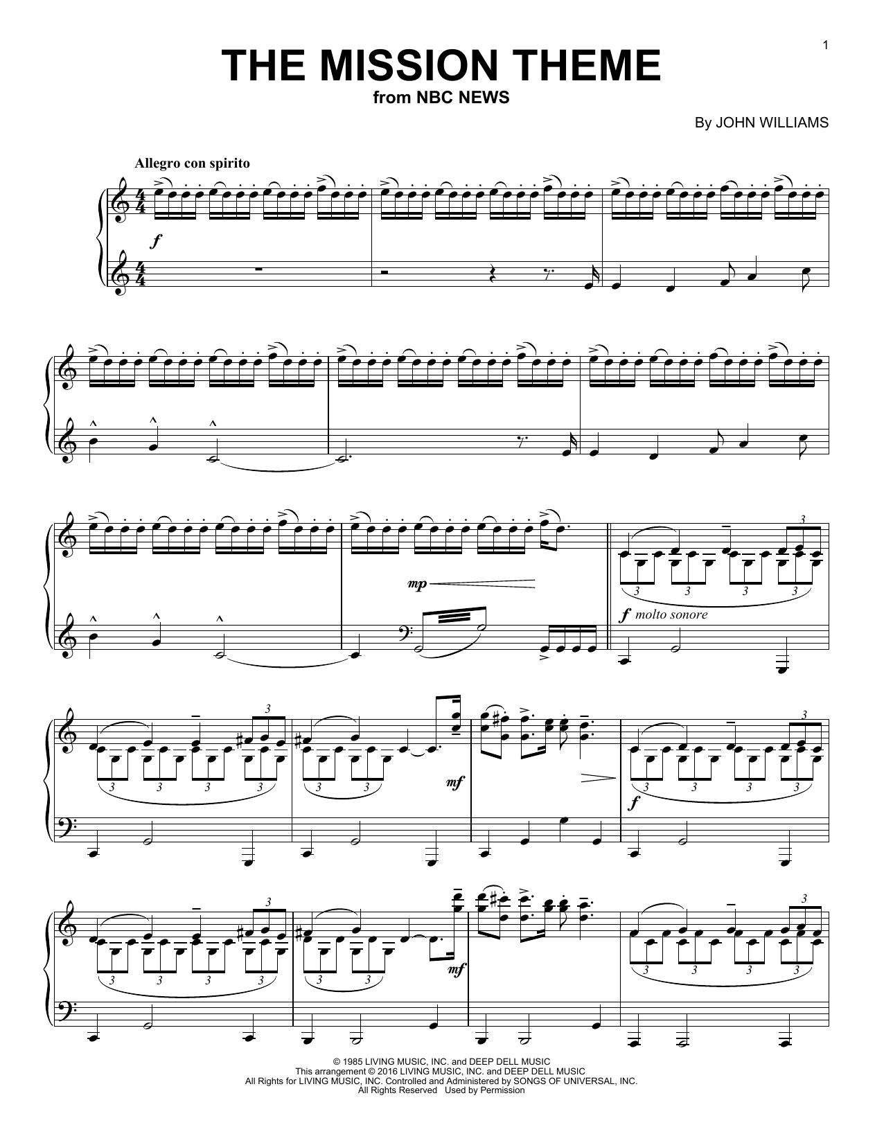 John Williams The Mission Theme sheet music notes and chords arranged for Piano Solo