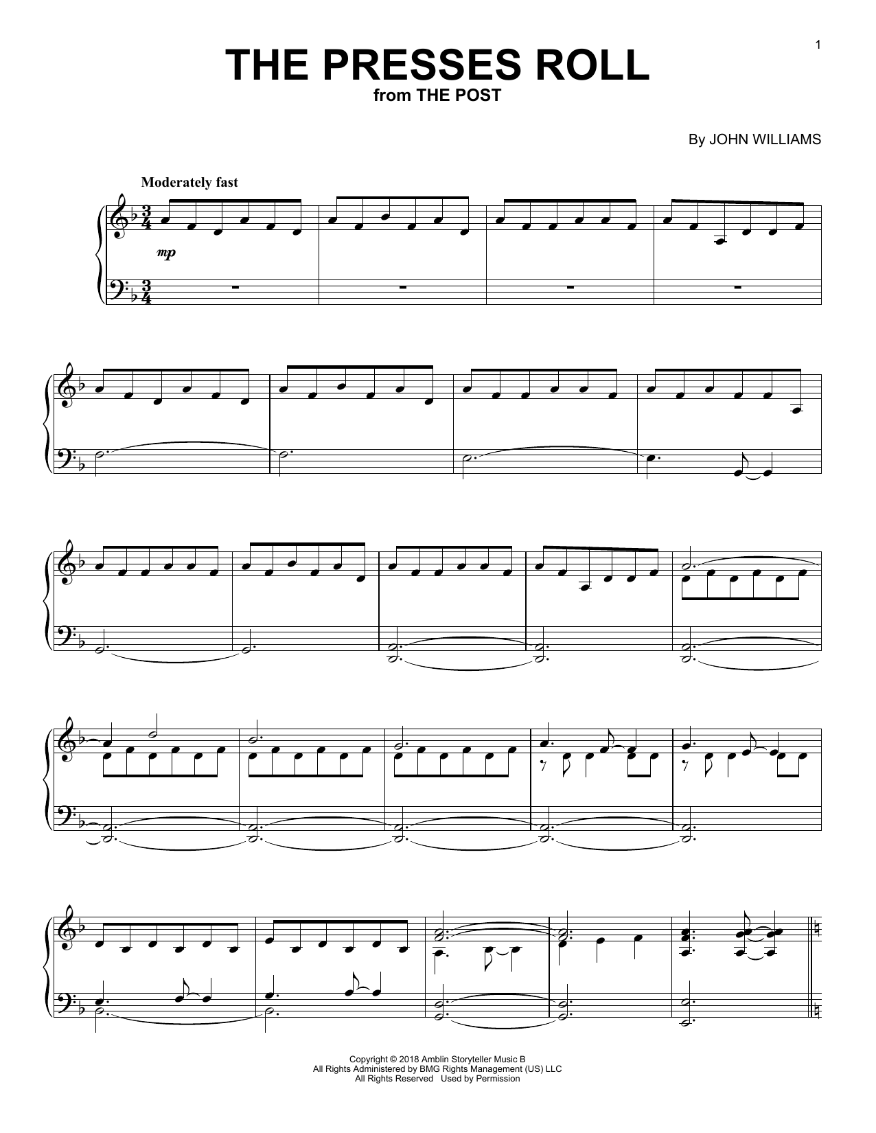 John Williams The Presses Roll (from The Post) sheet music notes and chords arranged for Piano Solo