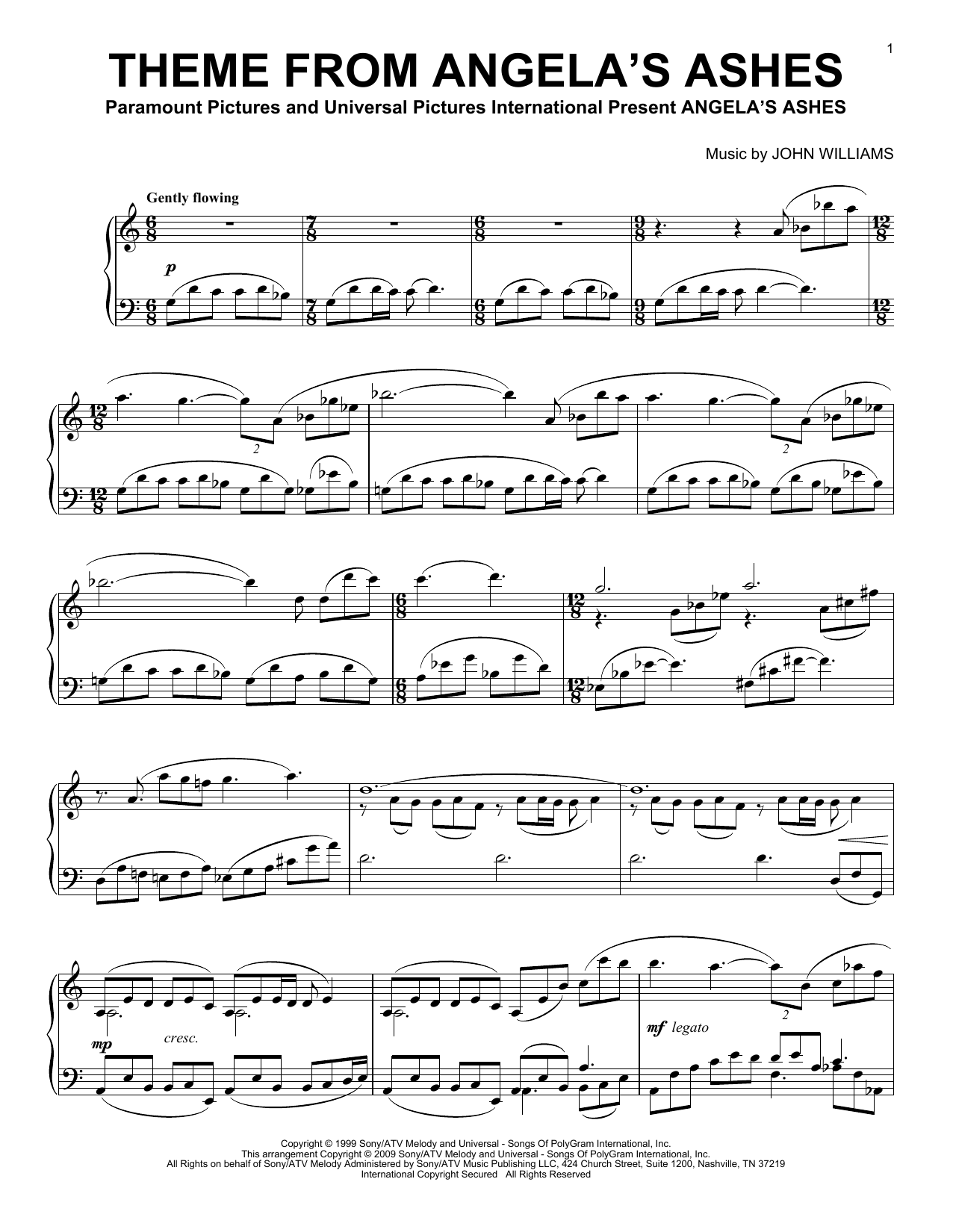 John Williams Theme From Angela's Ashes sheet music notes and chords. Download Printable PDF.