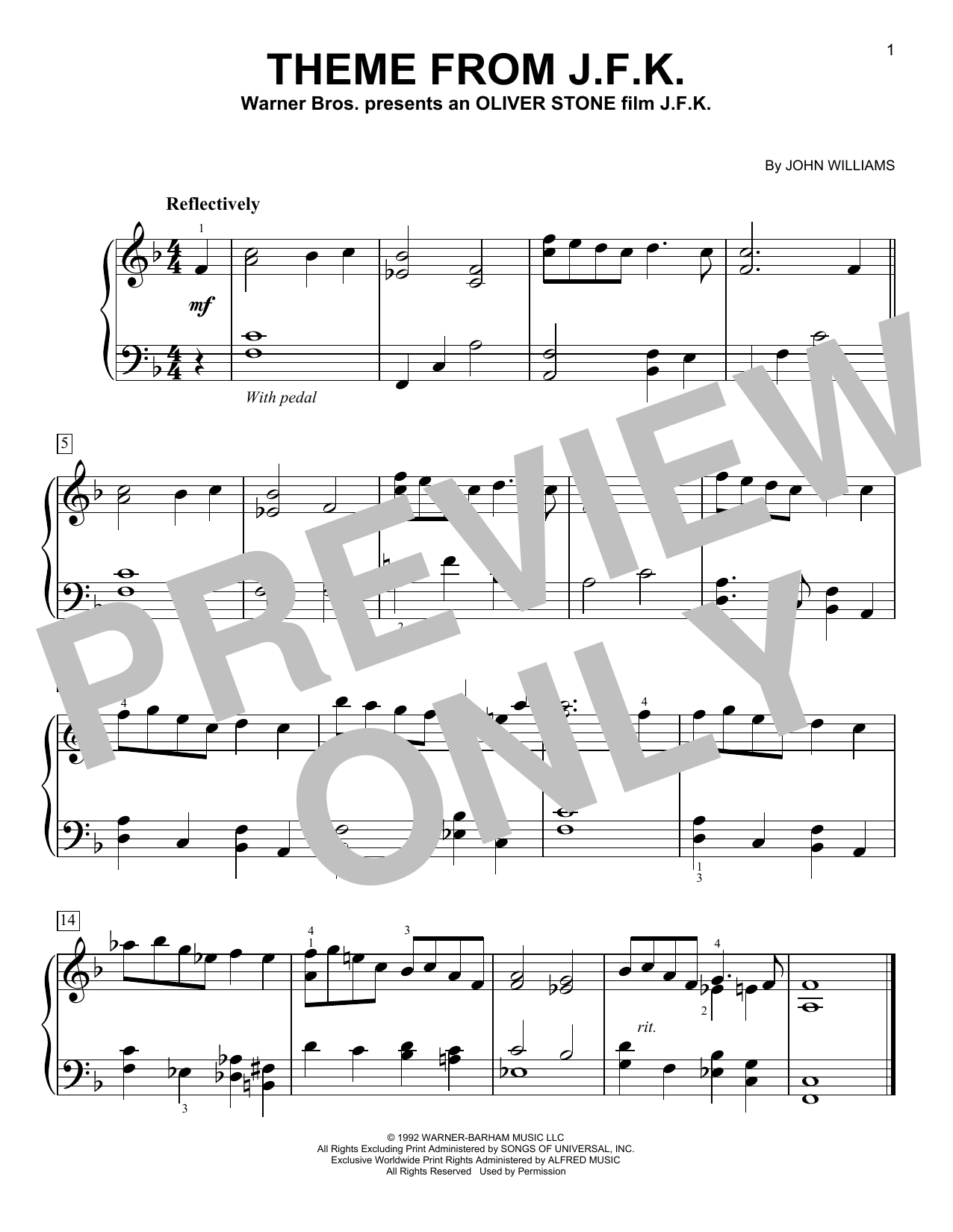 John Williams Theme From J.F.K. sheet music notes and chords. Download Printable PDF.