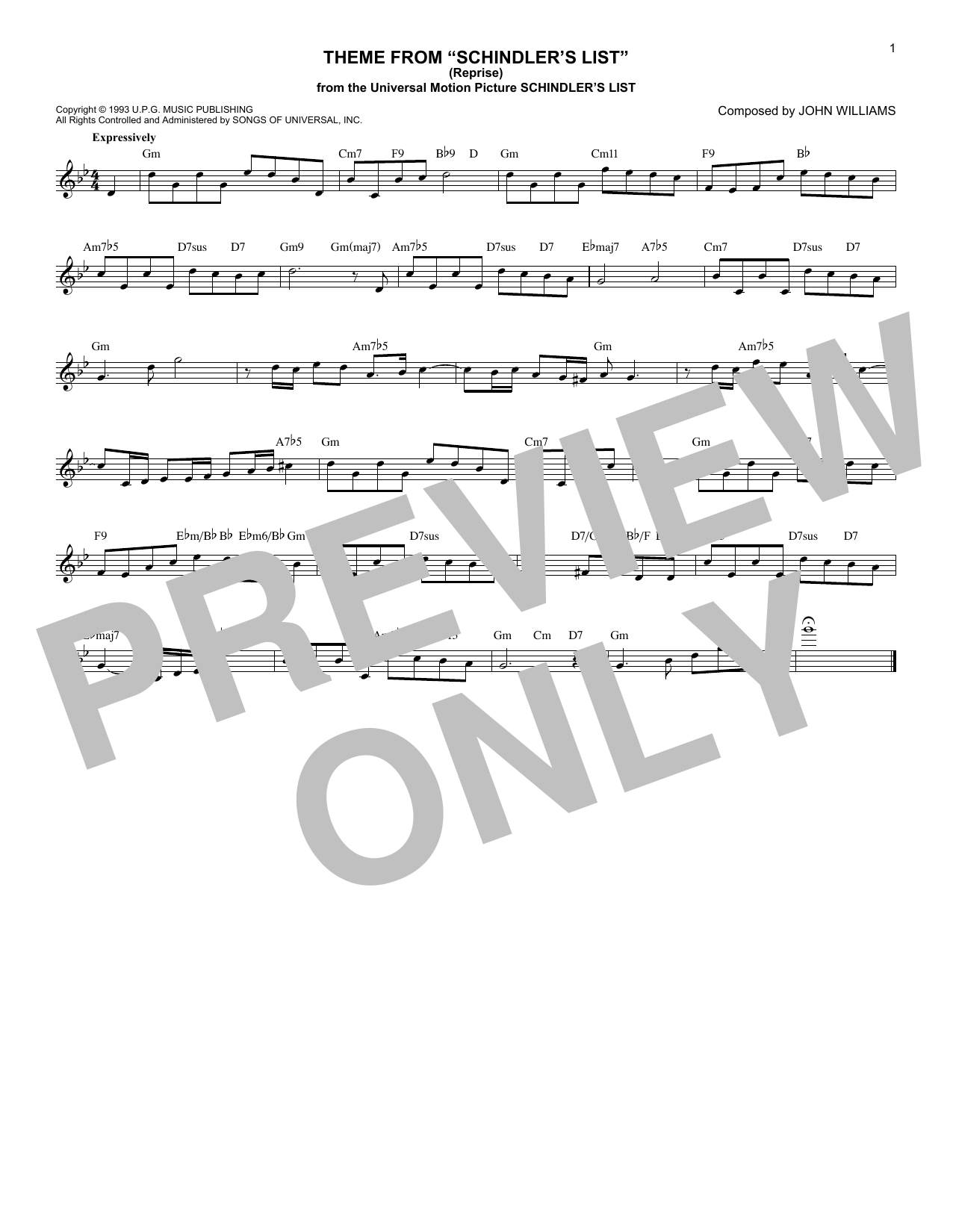 John Williams Theme From Schindler's List (Reprise) sheet music notes and chords. Download Printable PDF.