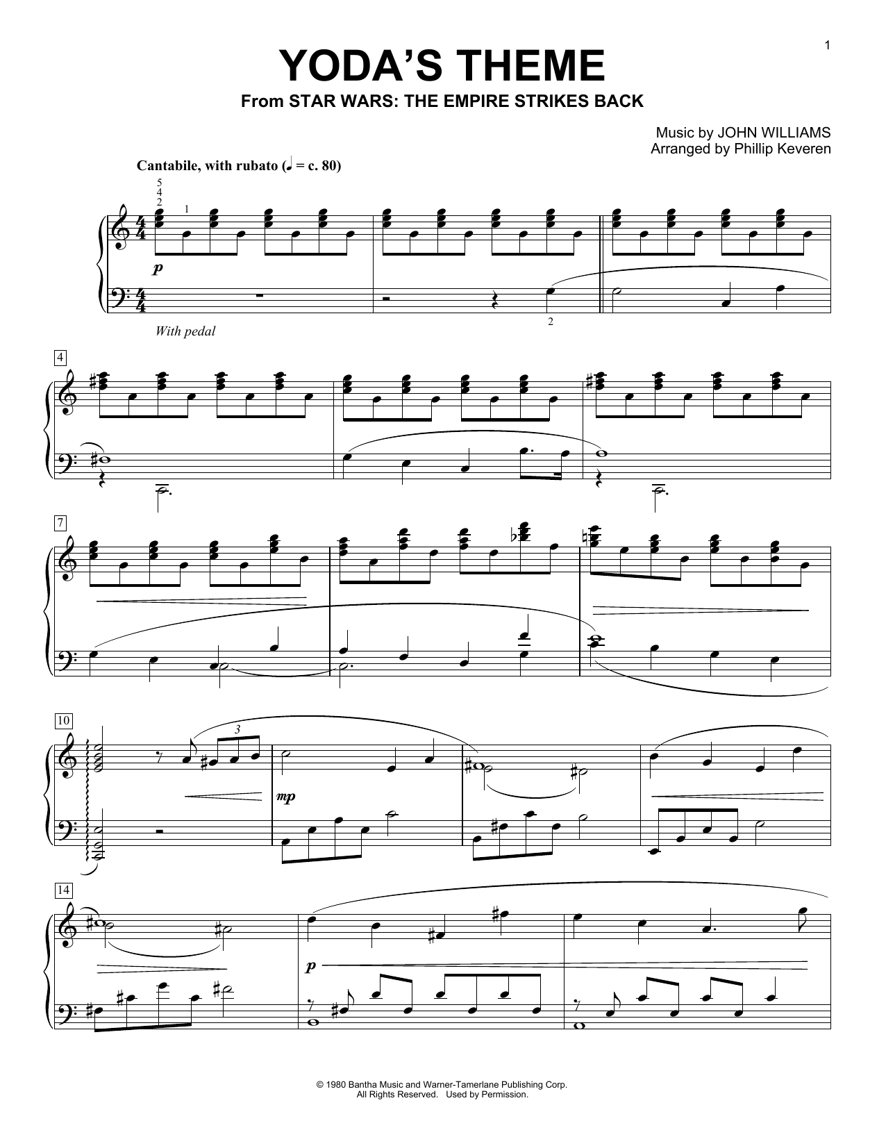 John Williams Yoda's Theme (from Star Wars: The Empire Strikes Back) (arr. Phillip Keveren) sheet music notes and chords. Download Printable PDF.