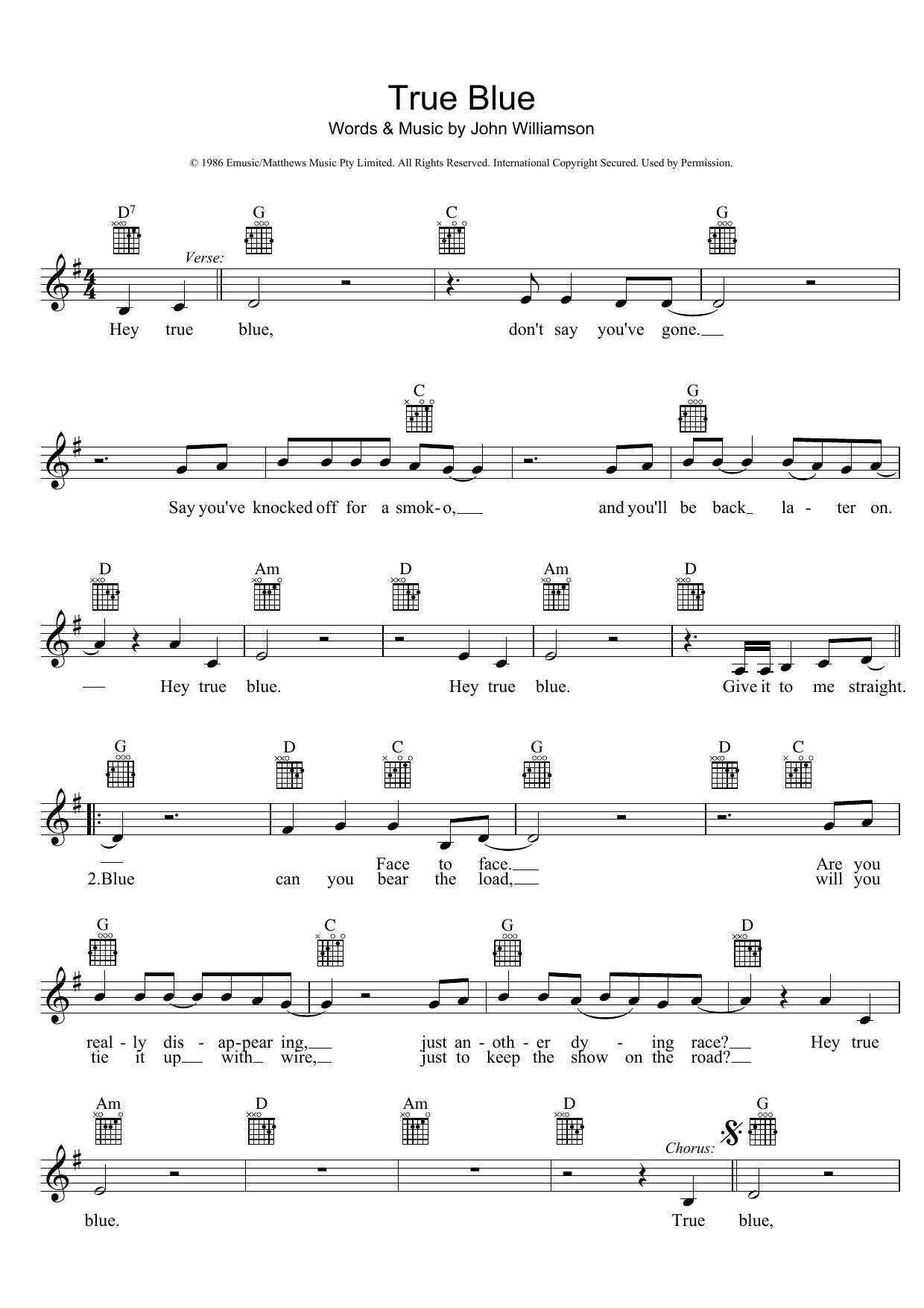 John Williamson True Blue sheet music notes and chords. Download Printable PDF.