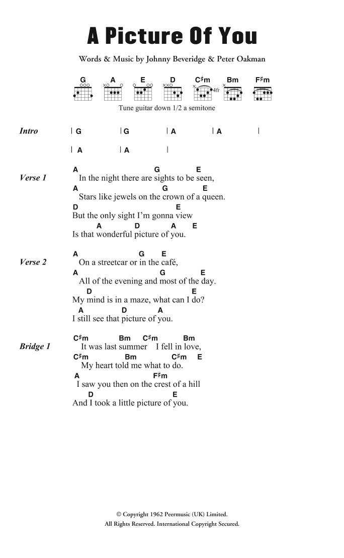 Learn to play Joe Brown & The Bruvvers A Picture Of You sheet music for Guitar Chords/Lyrics in minutes. Price: 4.4900$ Joe Brown & The Bruvvers A Picture Of You sheet music notes and chords arranged for Guitar Chords/Lyrics